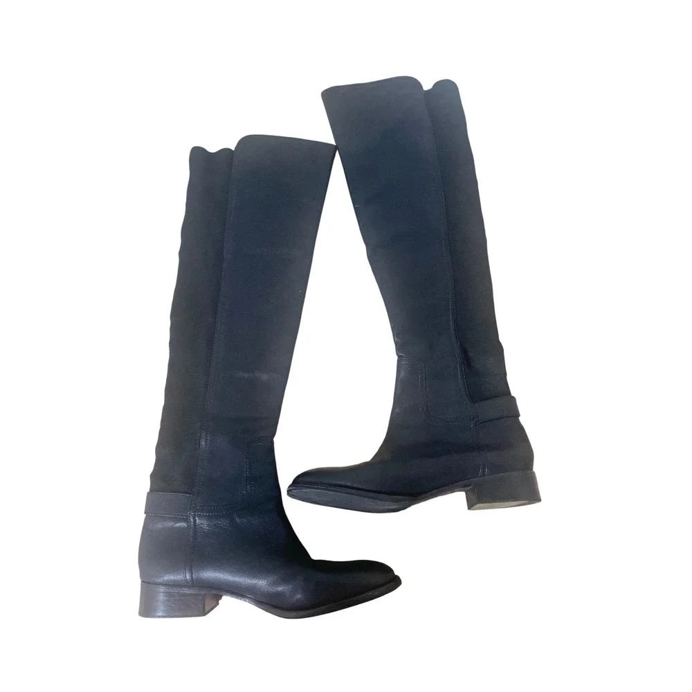 Tory‎ Burch Black Leather Over The Knee Stretch Back Buckle Boots Low Heel